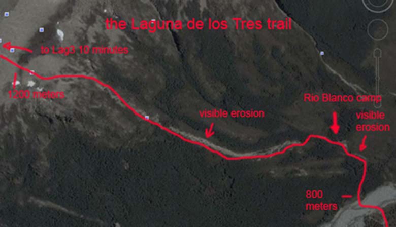 Aerial view of Laguna de los Tres trail